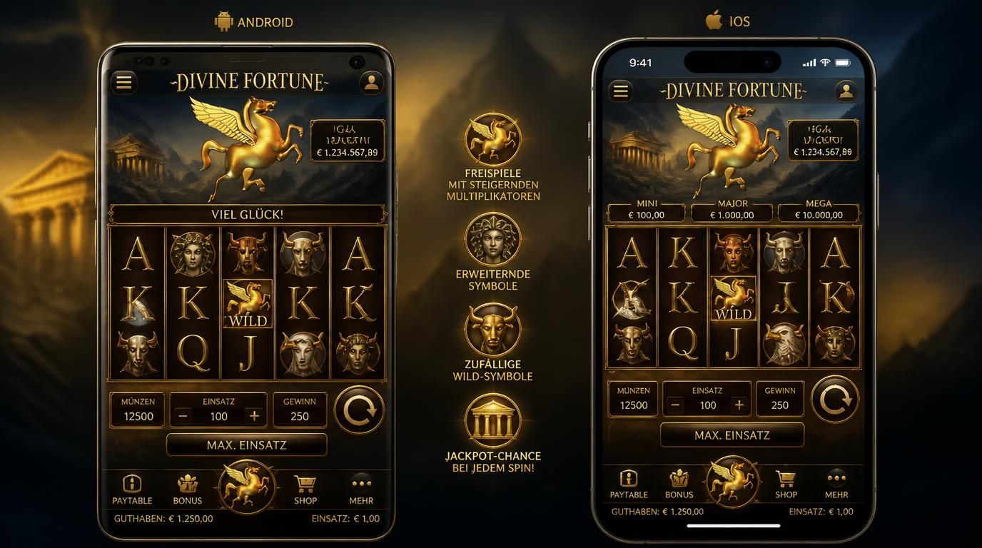 Ein Blick auf Divine Fortune mobil, Android und iOS Version mit Walzen, Bonus und mythischem Flair